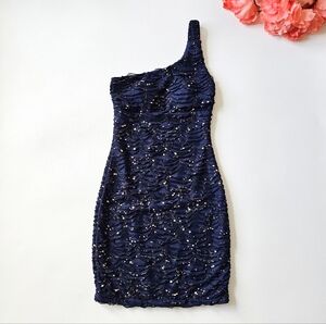 Vintage Ruby Rox One-Shoulder Ruched Bodycon Dress Navy Gold Speckle Small